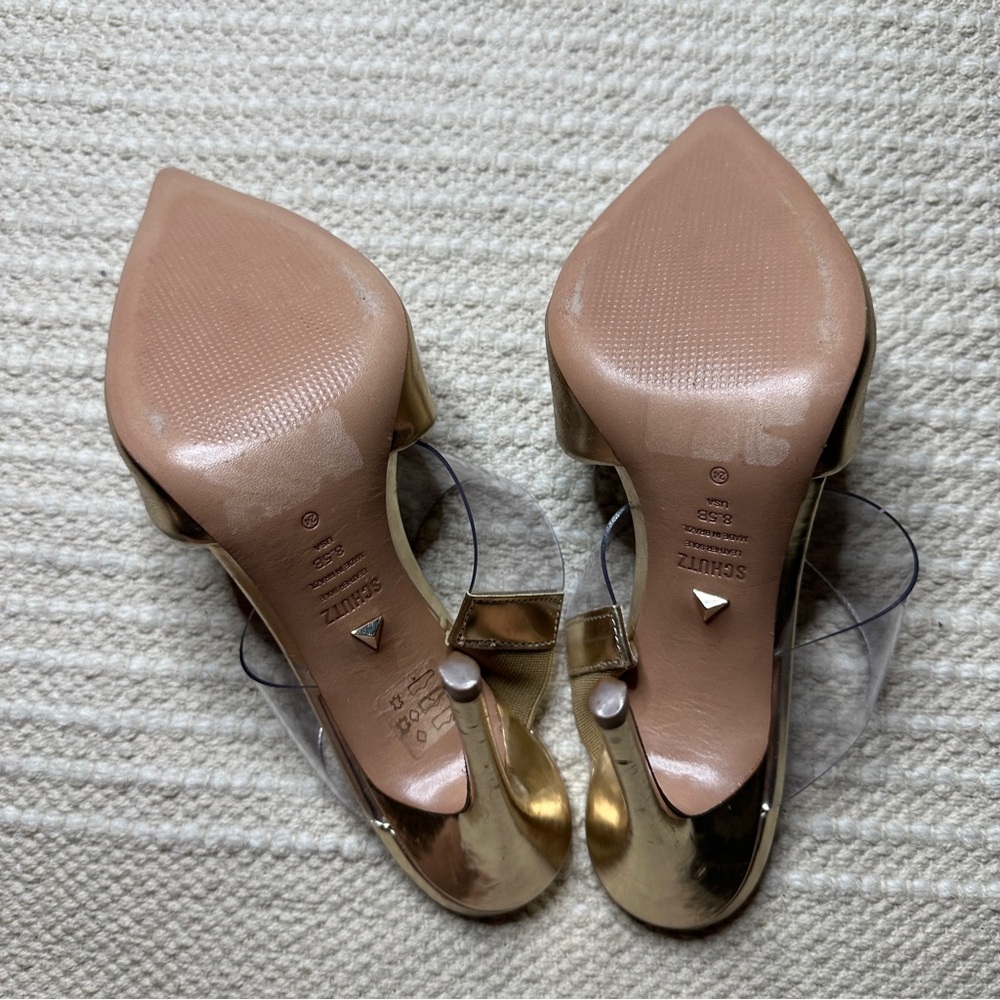 SCHUTZ gold and clear Sionne pointed toe heels 8.5 - Picture 8 of 9